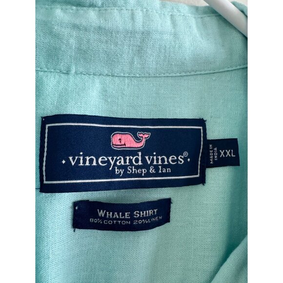 Vineyard Vines Whale Shirt Mens XXL Aqua Button-Up Cotton Linen Blend Short Slee - Picture 3 of 5